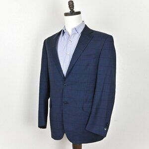 Peter Millar Retro Virgin Wool Windowpane Check Navy Blue Blazer 40R Made Canada